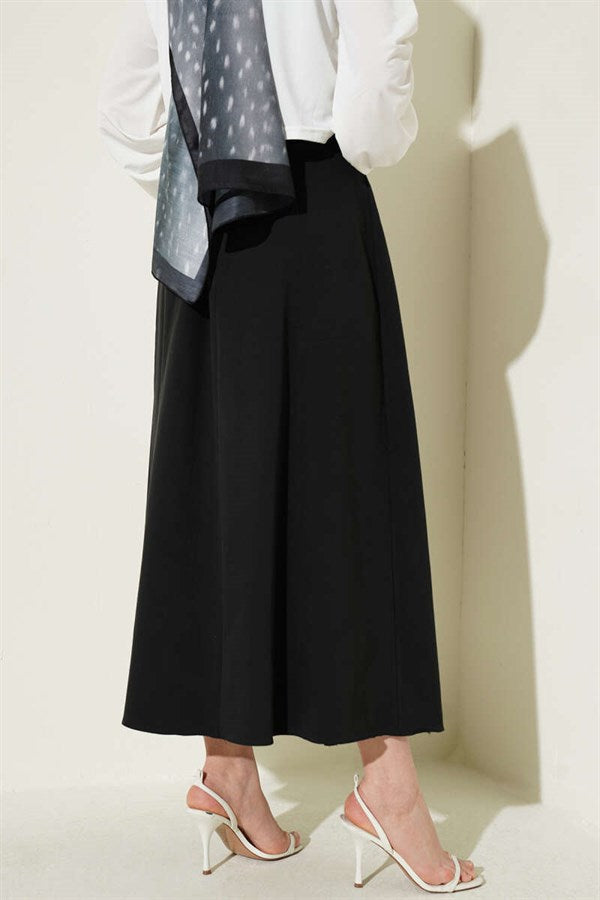 Pleated Belted Gabardine Flared Skirt, Black