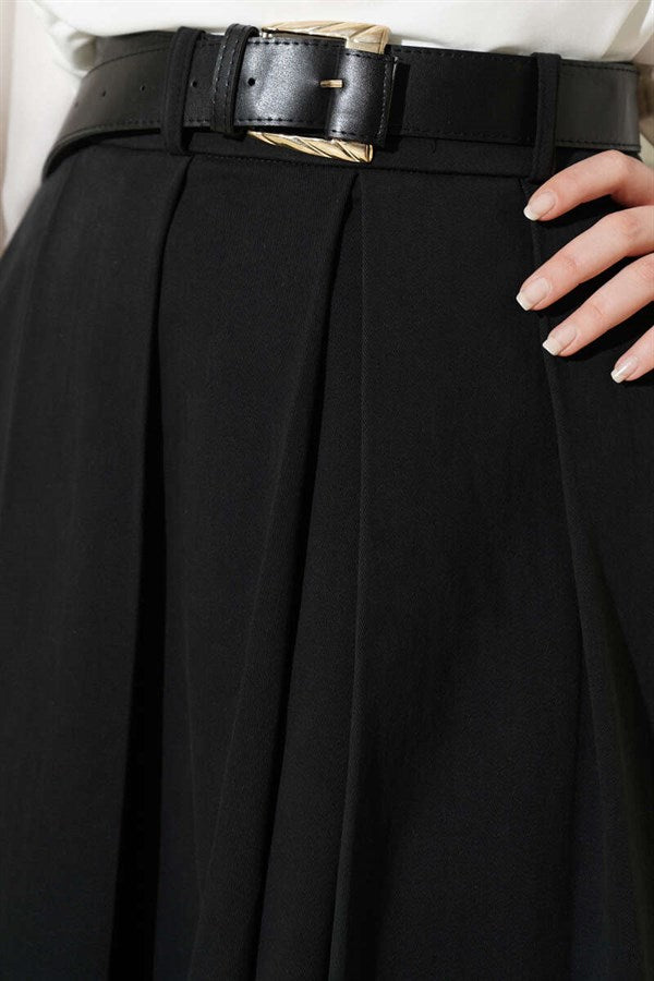 Pleated Belted Gabardine Flared Skirt, Black