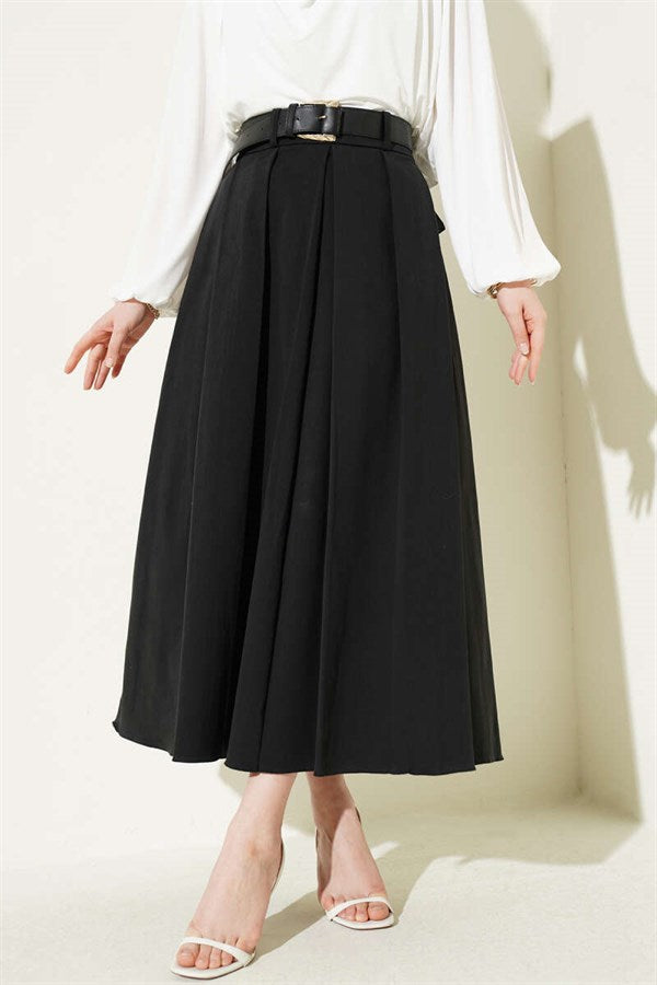 Pleated Belted Gabardine Flared Skirt, Black