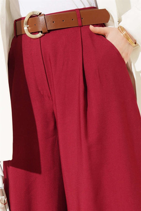 Pleated Belted Oversize Trousers Burgundy