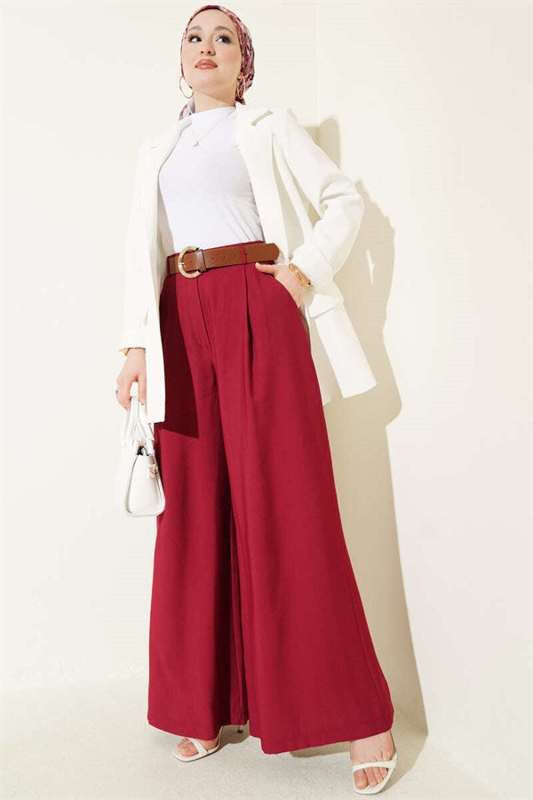 Pleated Belted Oversize Trousers Burgundy