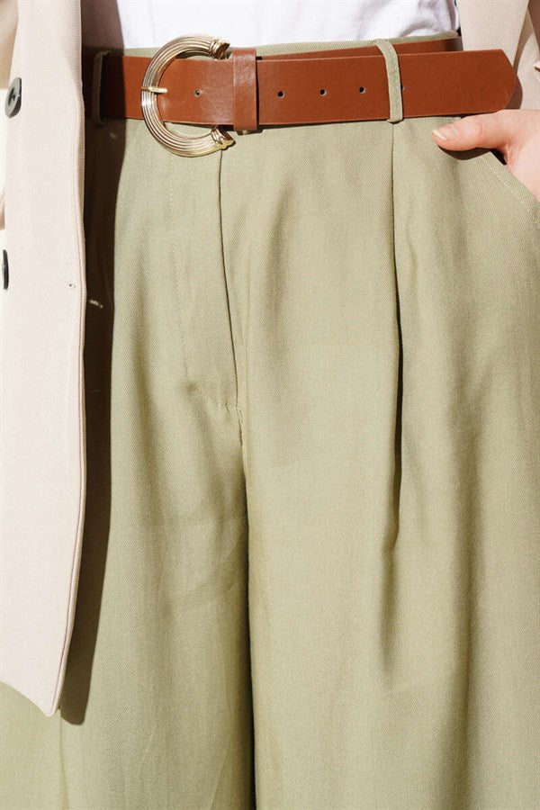 Pleated Belted Oversize Trousers in Sage Green
