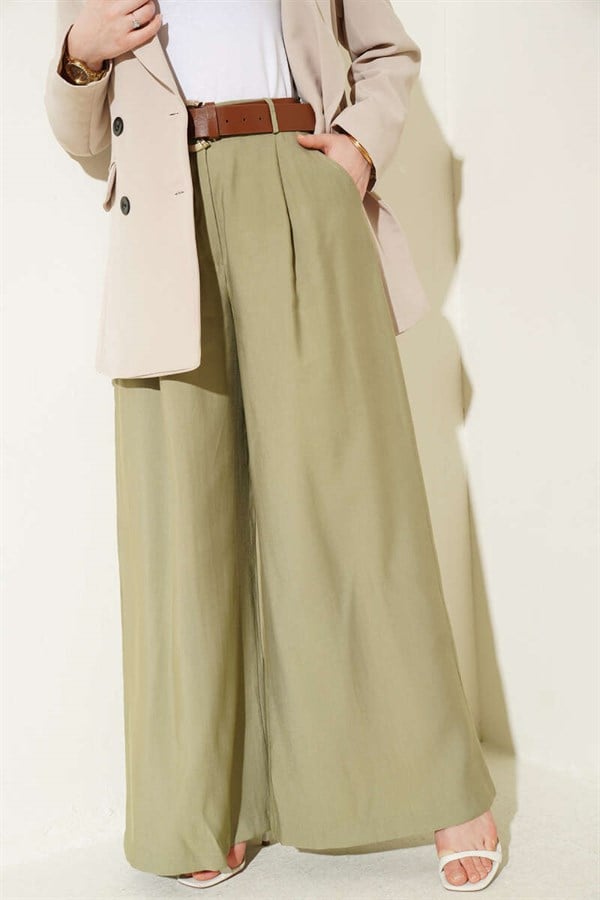 Pleated Belted Oversize Trousers in Sage Green