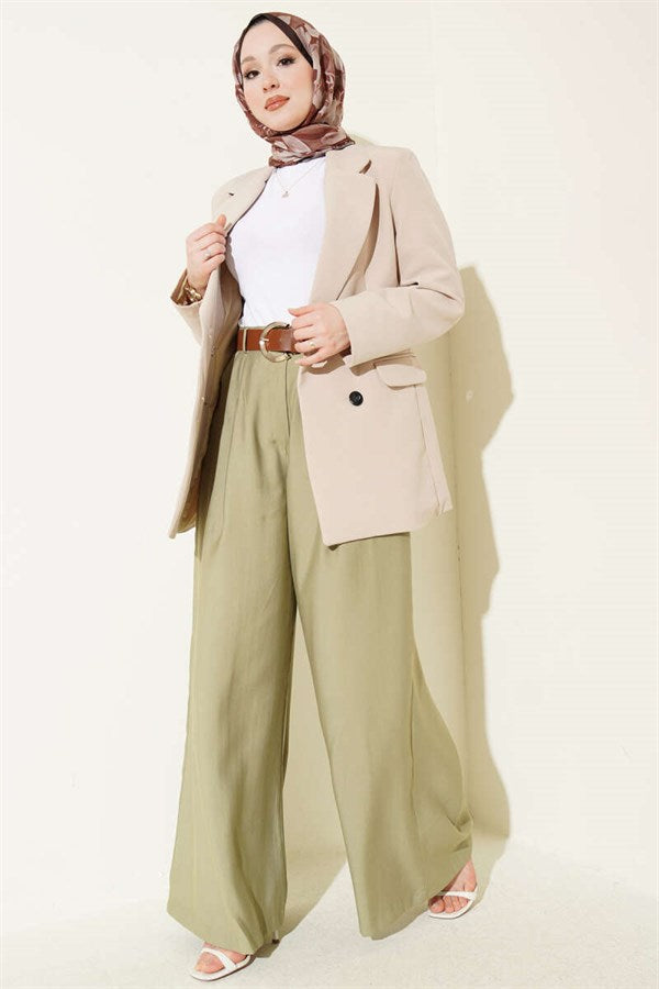 Pleated Belted Oversize Trousers in Sage Green