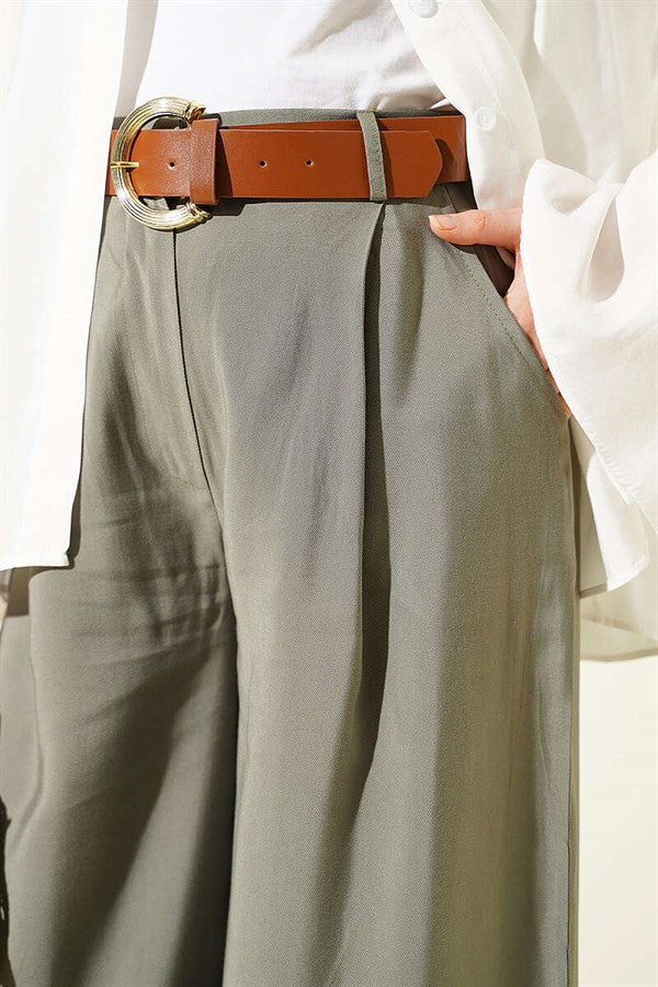Pleated Belted Oversize Trousers Khaki