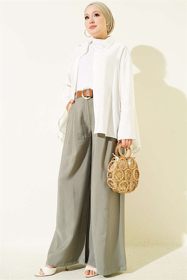 Pleated Belted Oversize Trousers Khaki