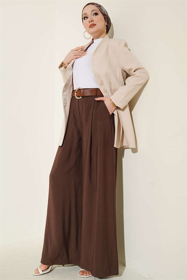 Pleated Belted Oversize Trousers, Brown
