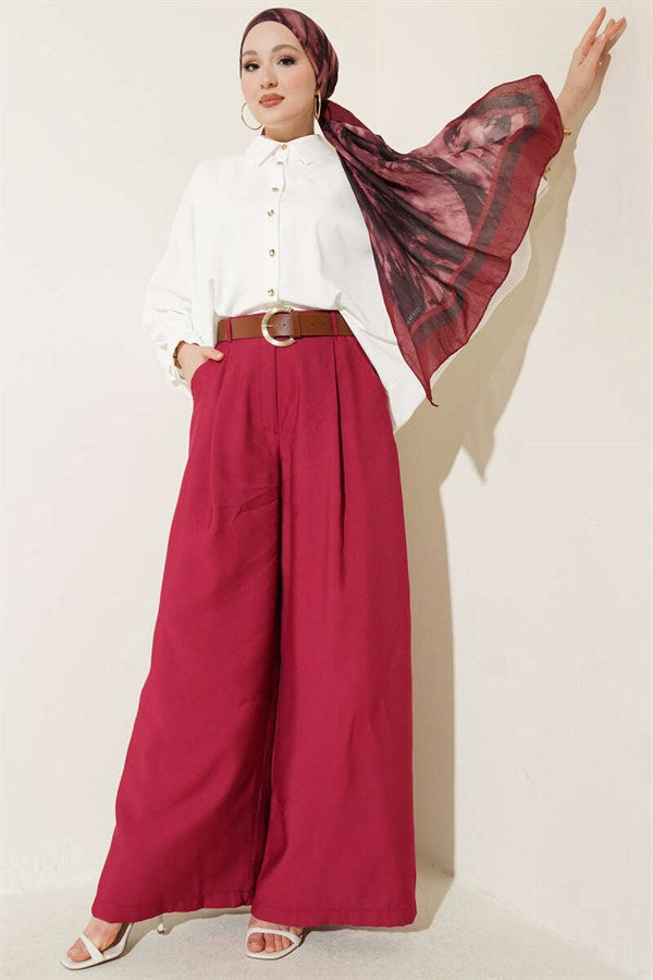 Pleated Belted Oversize Trousers, Cherry Red