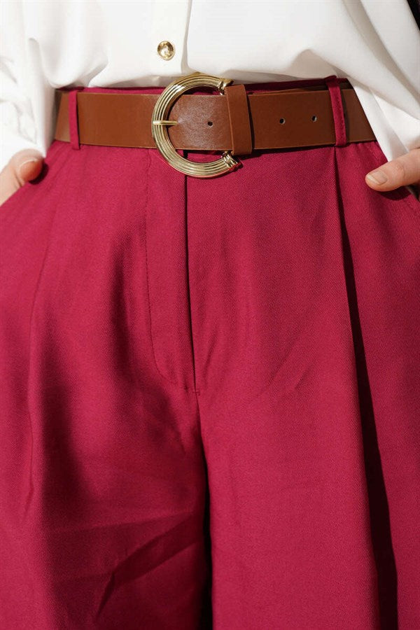 Pleated Belted Oversize Trousers, Cherry Red