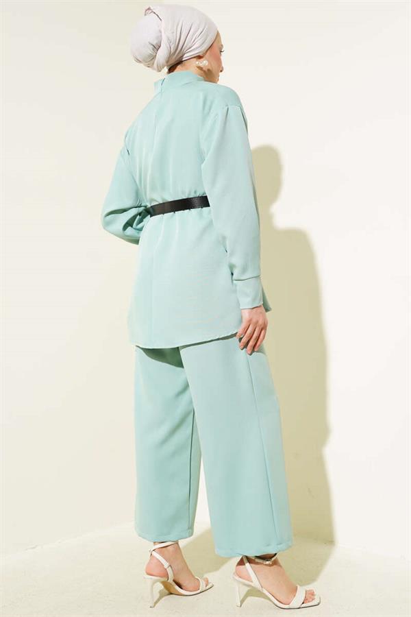 Pleated Belted Casual 2 Piece Set Mint
