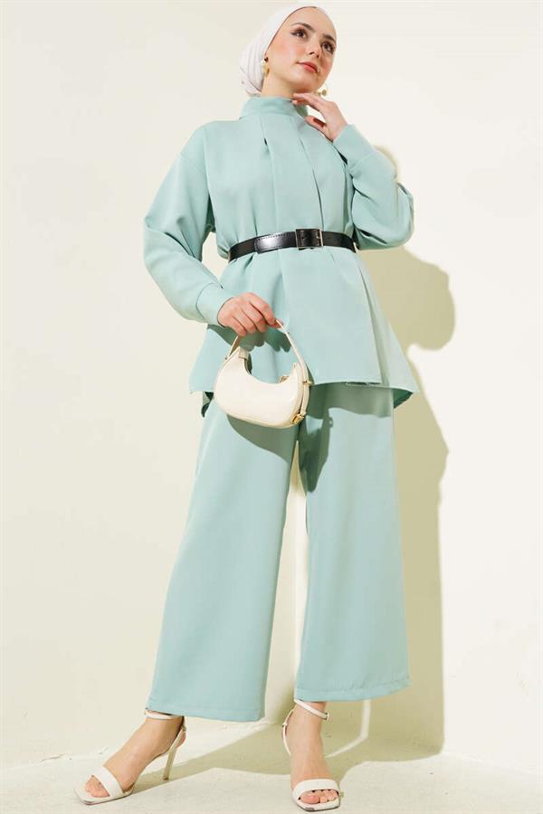 Pleated Belted Casual 2 Piece Set Mint