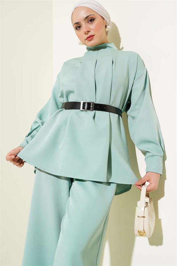 Pleated Belted Casual 2 Piece Set Mint