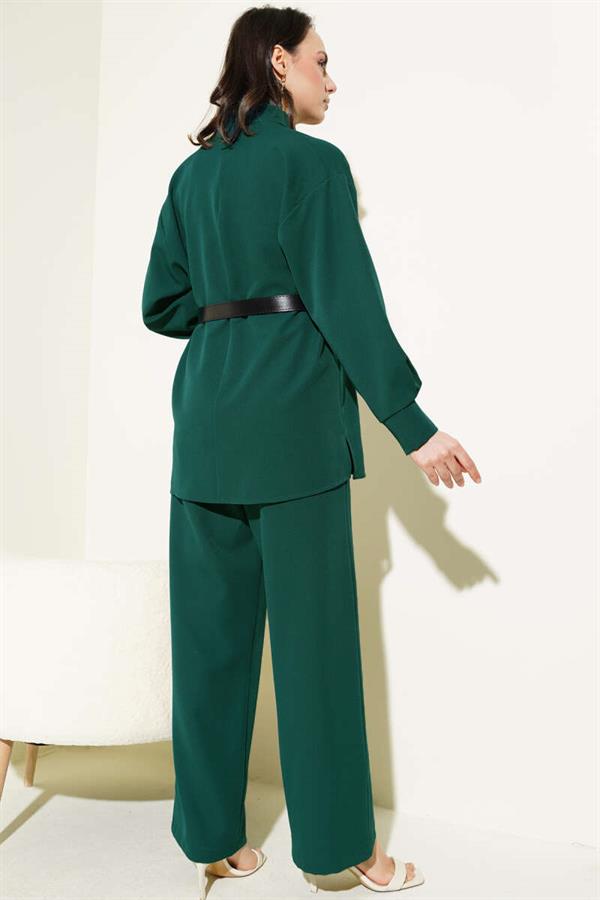 Pleated Belted Casual 2 Piece Set Green