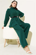 Pleated Belted Casual 2 Piece Set Green