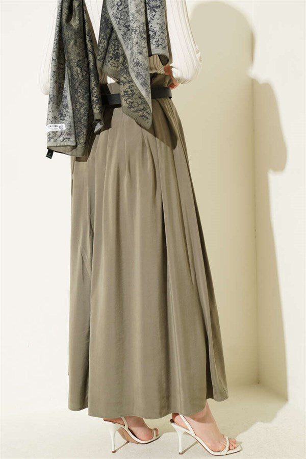 Pleated Belted Tencel Skirt, Khaki