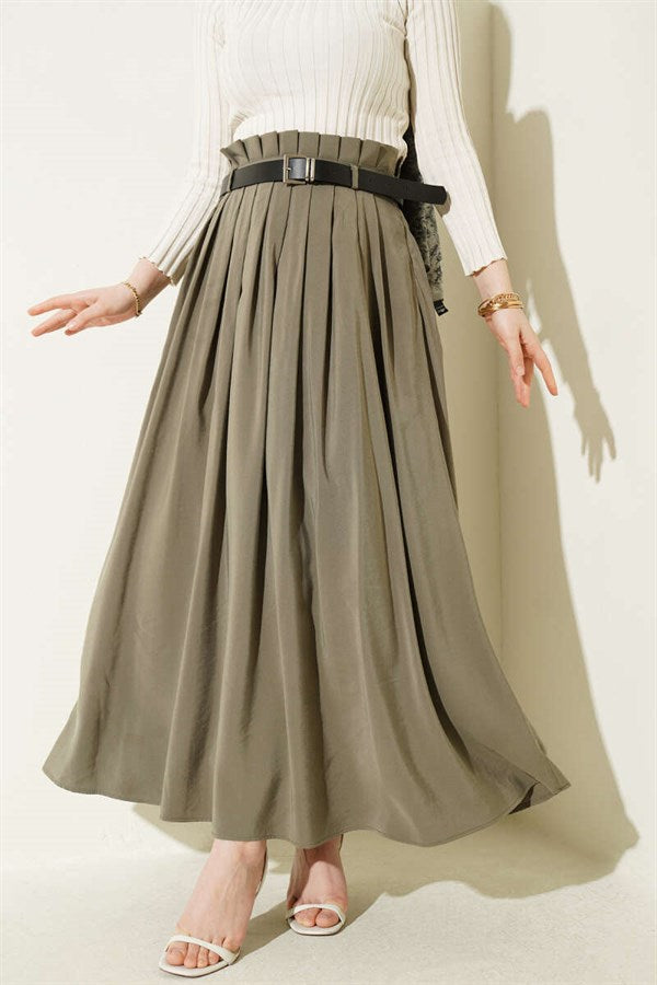 Pleated Belted Tencel Skirt, Khaki