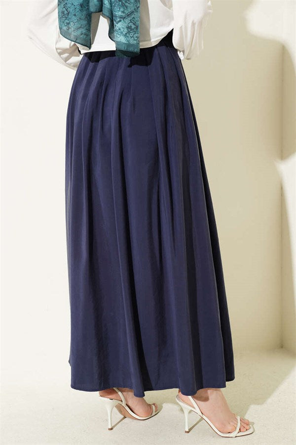 Pleated Tencel Skirt with Belt, Navy Blue