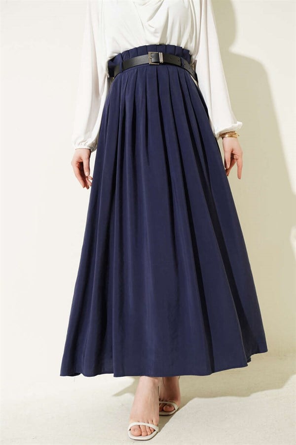 Pleated Tencel Skirt with Belt, Navy Blue