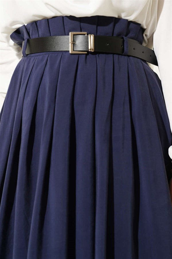 Pleated Tencel Skirt with Belt, Navy Blue