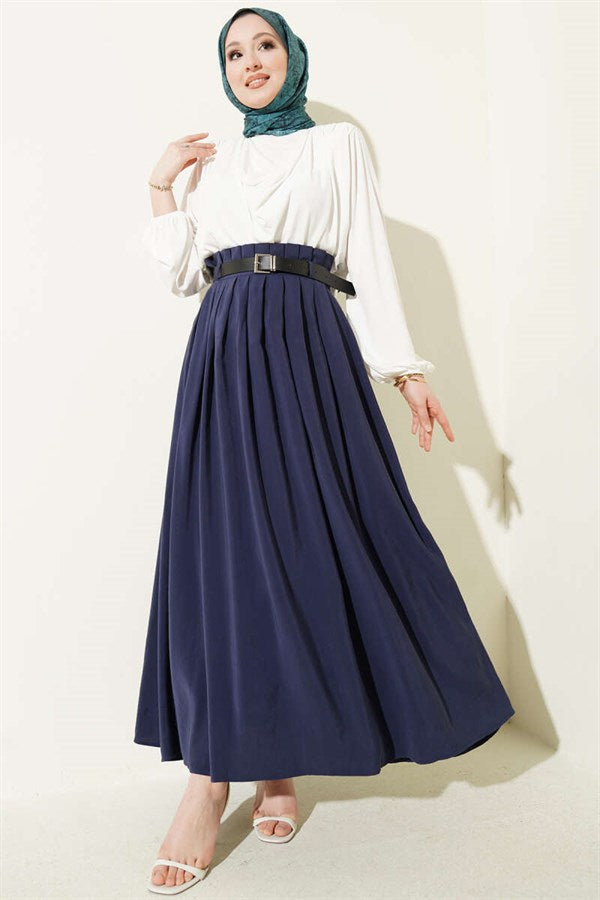 Pleated Tencel Skirt with Belt, Navy Blue
