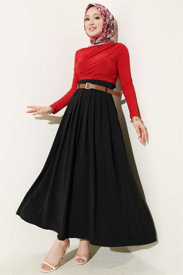 Pleated Belted Tencel Skirt Black