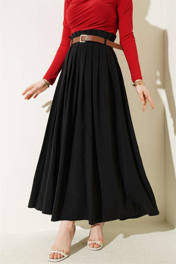 Pleated Belted Tencel Skirt Black