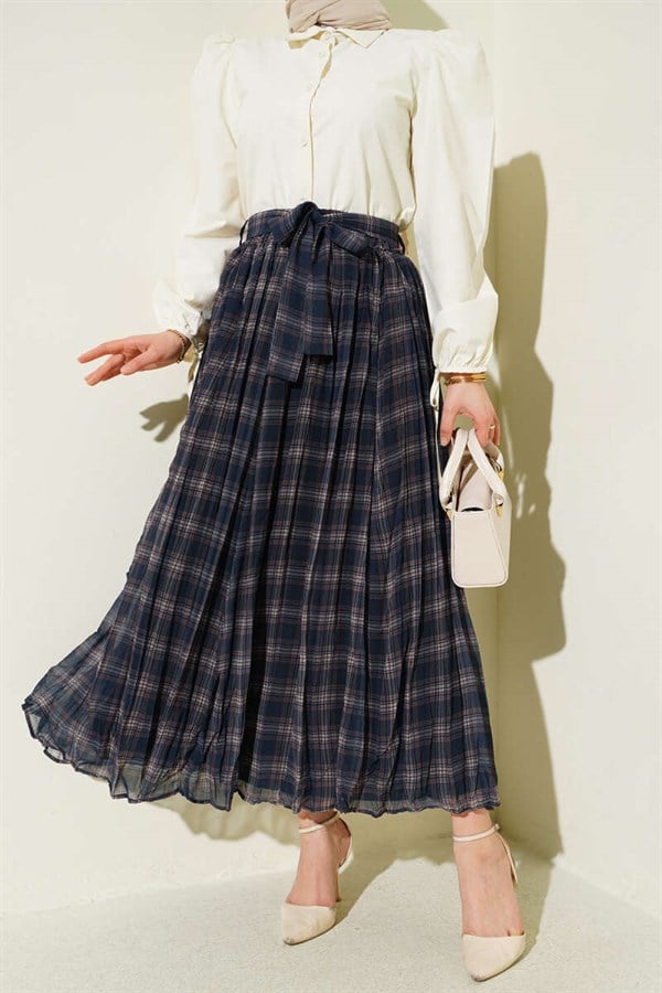 Pleated Belted Plaid Chiffon Skirt Navy Blue