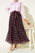 Pleated Belted Plaid Chiffon Skirt, Plum