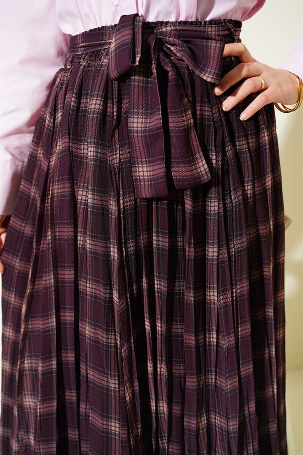 Pleated Belted Plaid Chiffon Skirt, Plum