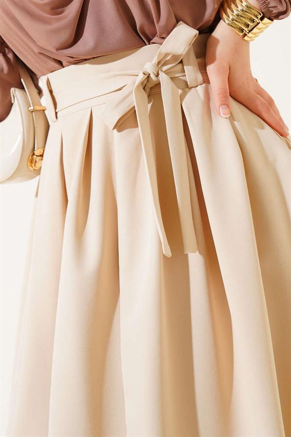 Pleated Belted Flared Skirt Beige