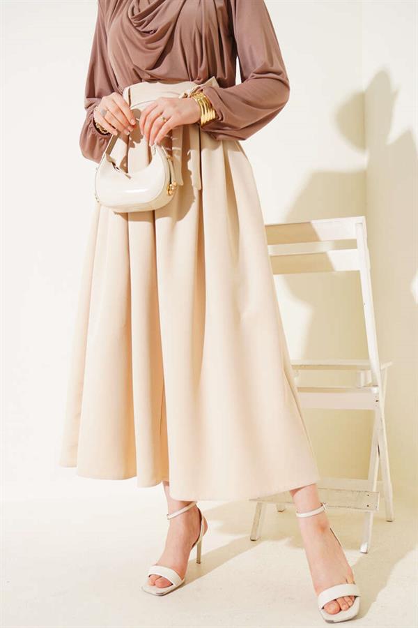 Pleated Belted Flared Skirt Beige