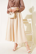 Pleated Belted Flared Skirt Beige
