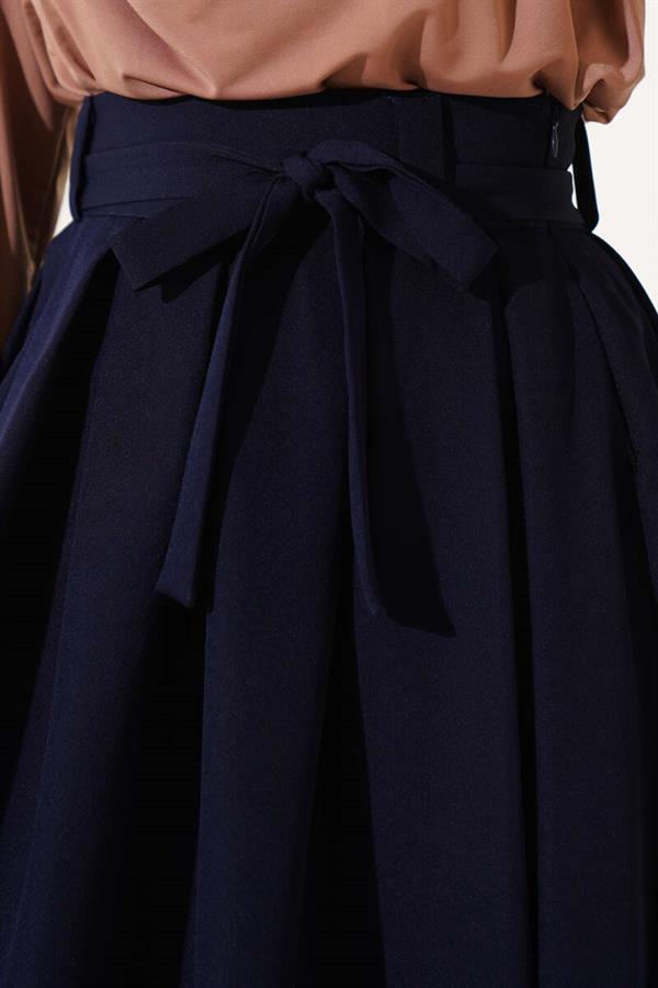 Pleated Belted Flared Skirt Navy Blue