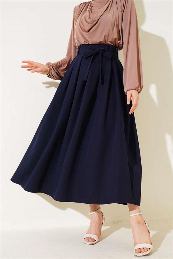 Pleated Belted Flared Skirt Navy Blue