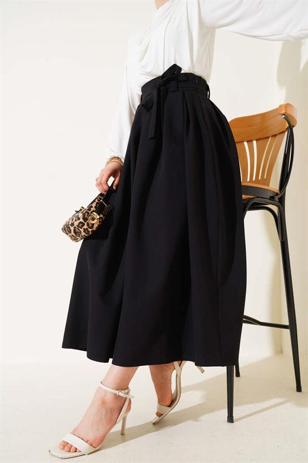 Pleated Belted Flared Skirt Black