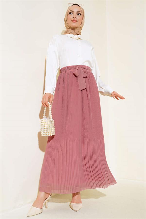 Pleated Detailed Chiffon Skirt Dusty Rose