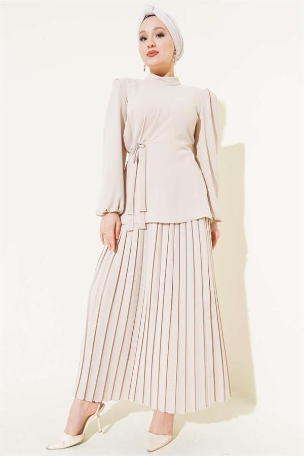 Pleated Skirted Tunic 2 Piece Set Beige