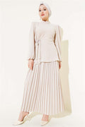 Pleated Skirted Tunic 2 Piece Set Beige