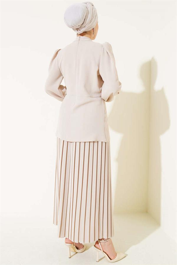Pleated Skirted Tunic 2 Piece Set Beige