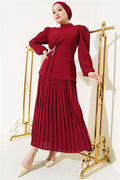 Pleated Skirted Tunic 2 Piece Set Claret Red