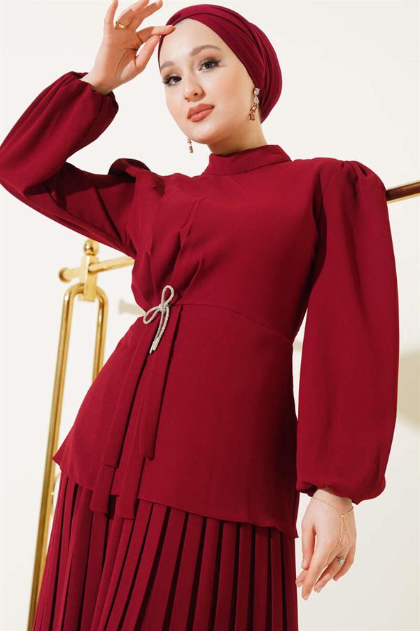 Pleated Skirted Tunic 2 Piece Set Claret Red