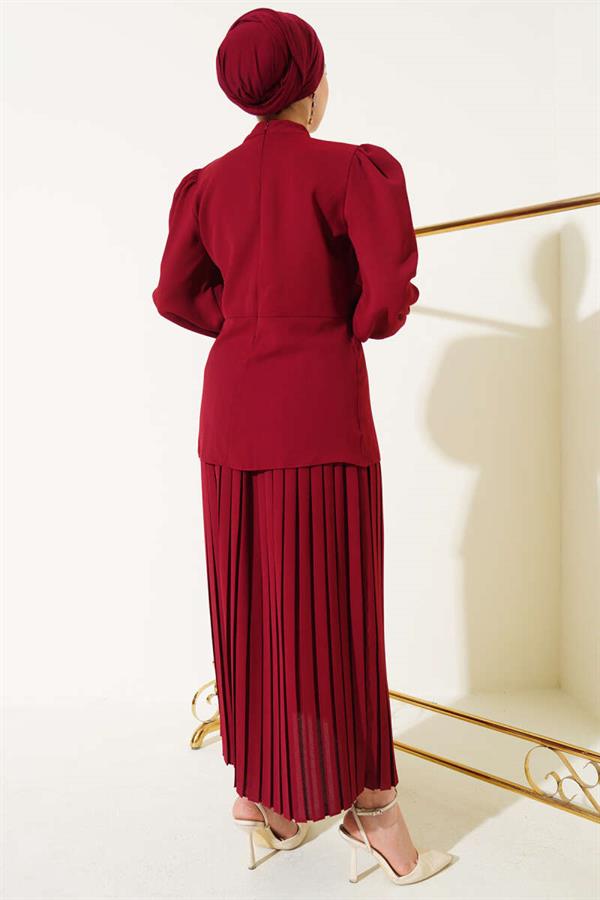 Pleated Skirted Tunic 2 Piece Set Claret Red