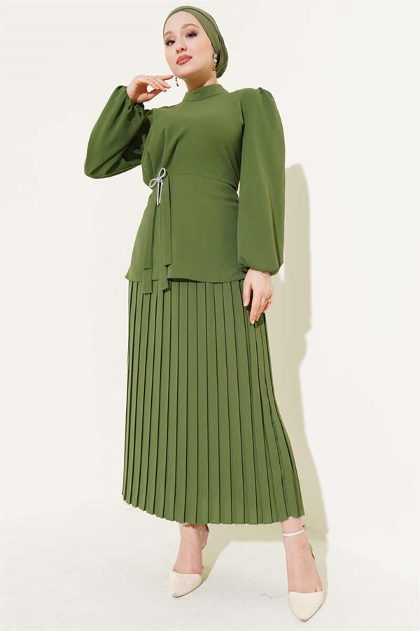 Pleated Skirted Tunic 2 Piece Set Khaki