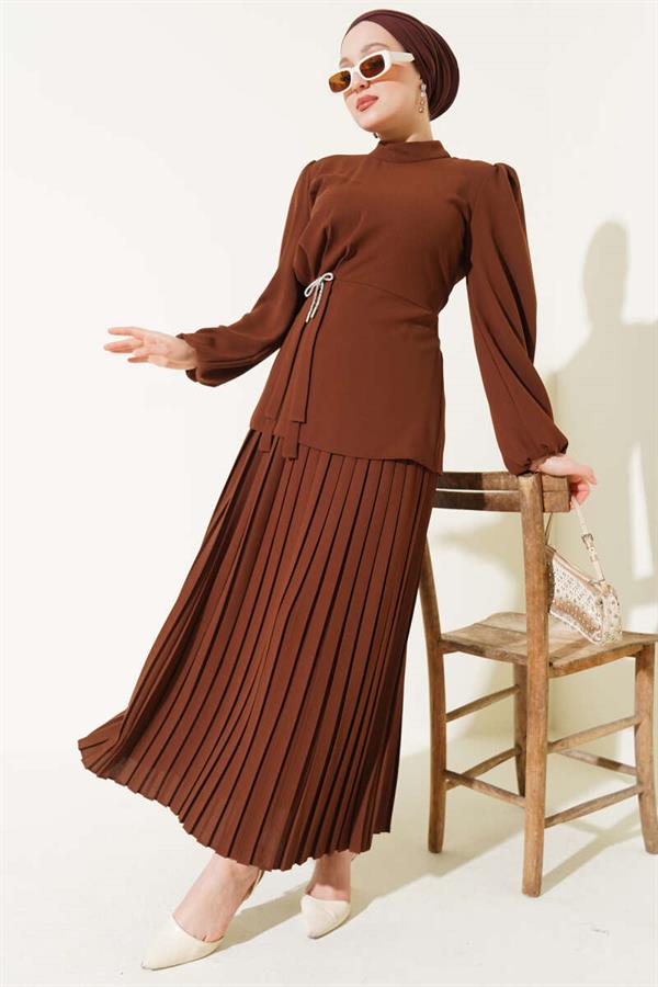 Pleated Skirted Tunic 2 Piece Set Brown