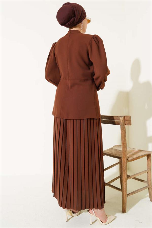 Pleated Skirted Tunic 2 Piece Set Brown