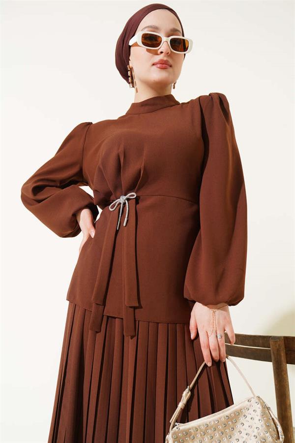 Pleated Skirted Tunic 2 Piece Set Brown