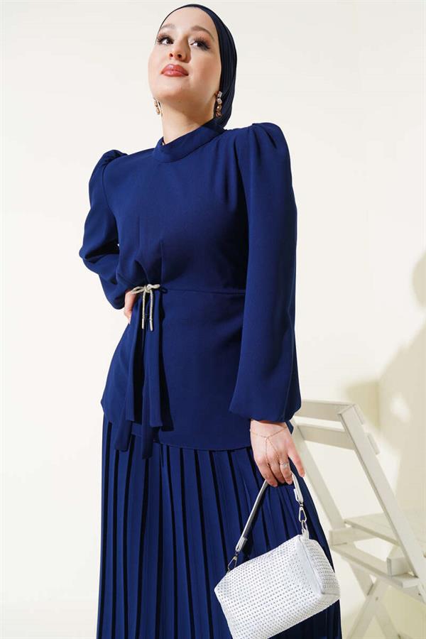 Pleated Skirted Tunic 2 Piece Set Navy Blue