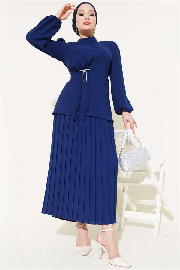 Pleated Skirted Tunic 2 Piece Set Navy Blue