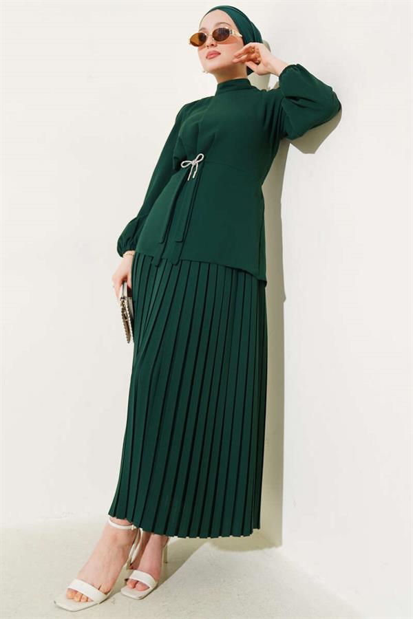 Pleated Skirted Tunic 2 Piece Set Emerald