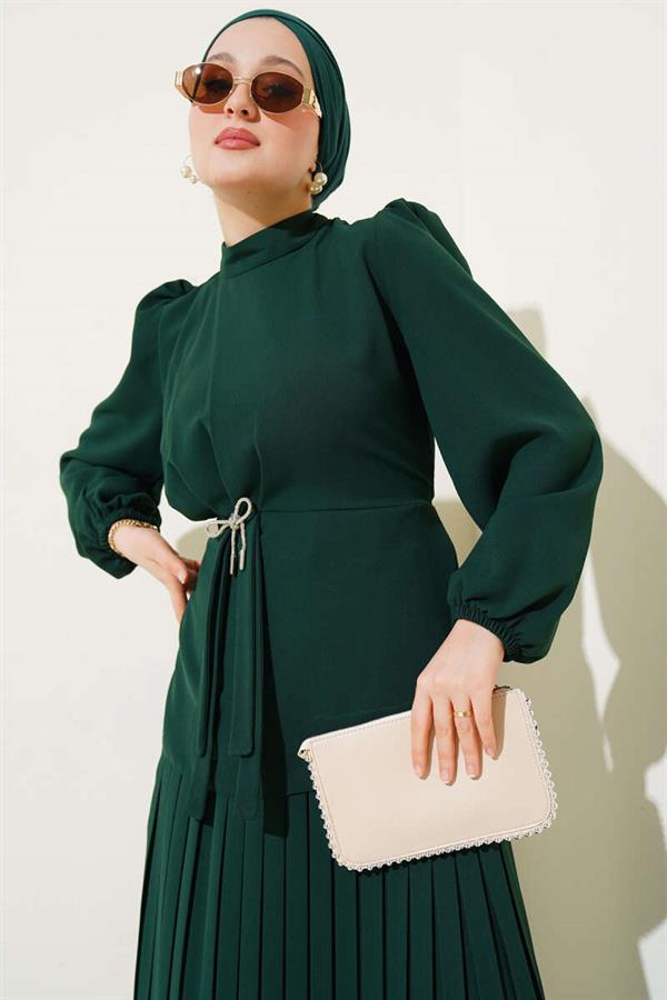 Pleated Skirted Tunic 2 Piece Set Emerald